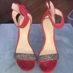Calvin Klein red with charcoal grey sparkle details size 7, Victoria style.